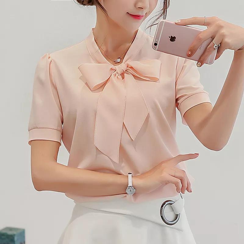 Women Summer Women Tops Short Sleeve Casual Chiffon Blouse Female Work Wear Solid Pink Office Shirts