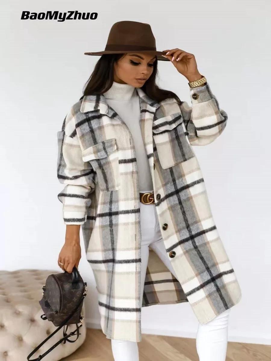 Spring New Plaid Long Blouses Coat Women Casual Vintage Shirt Jacket Female Woolen Blends Printed Overcoat